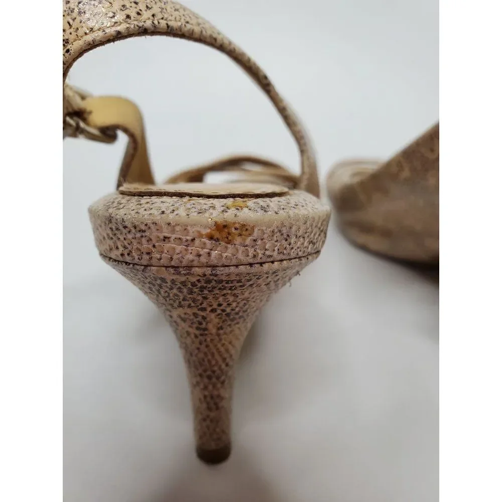 Nurture Leather Peep Toe Neutral Sparkle Snakeprint Slingback Heels